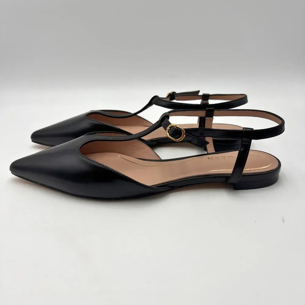 Cole Haan Womens Marlah T-Strap Heels Size 6.5 B Black Leather NWOB